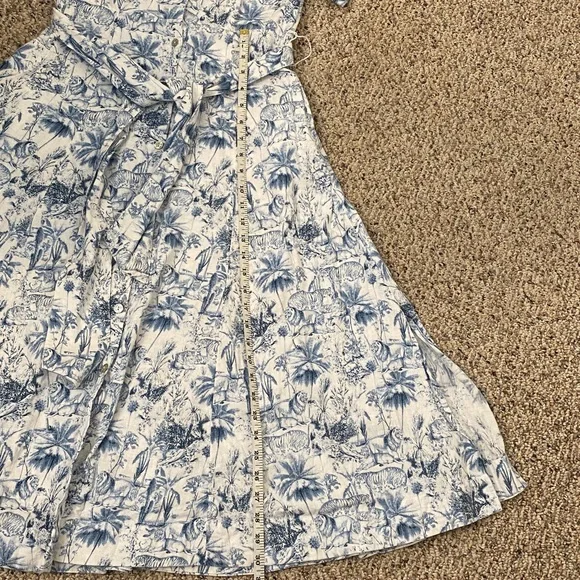 Rachel Zoe White and Blue Safari Linen Blend Midi Shirt Dress with Waist Tie - Picture 8 of 10